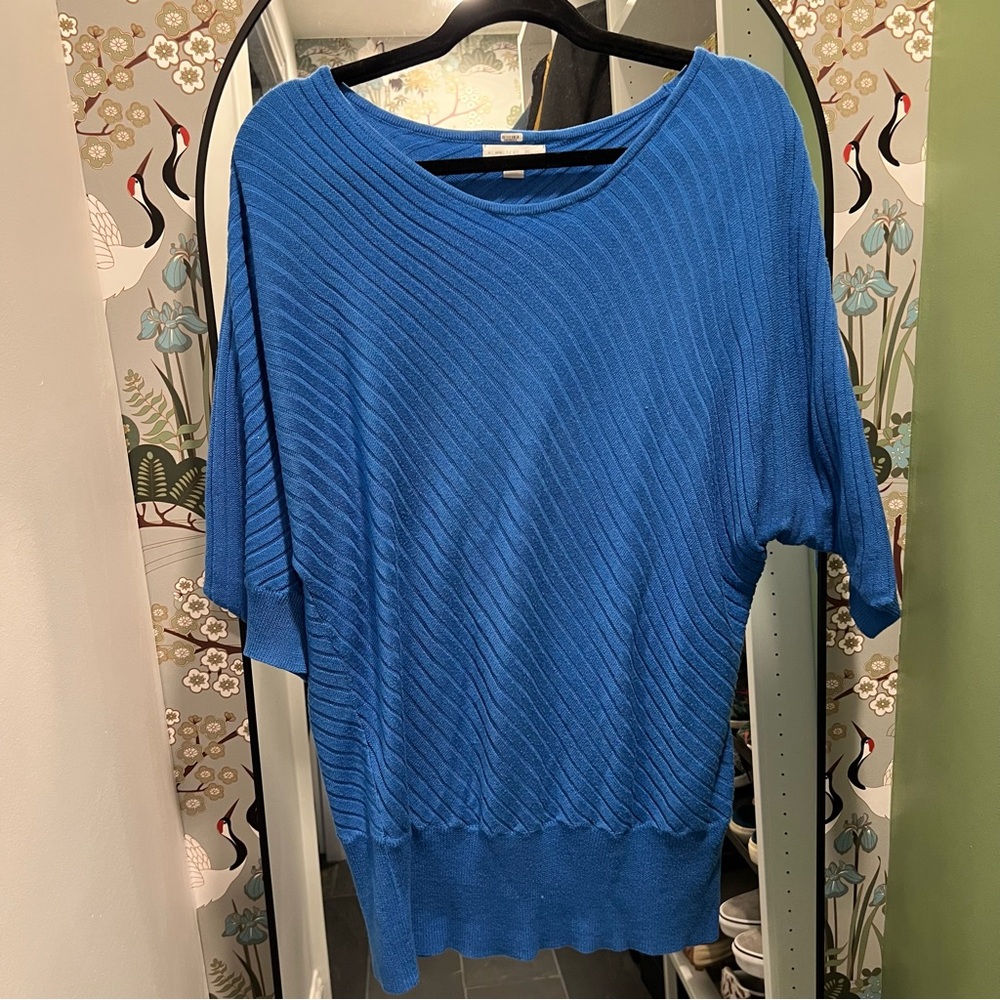 Retro NY&Co Blue Angle Stripe Knit Batwing Long 80s Style Sweater 3/4 Sleeve